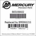 Bar codes for Mercury Marine part number 865108A02