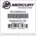 Bar codes for Mercury Marine part number 98-878492K16
