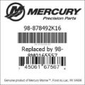 Bar codes for Mercury Marine part number 98-878492K16