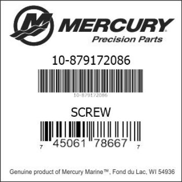 Mercury Marine part number 10-879172086 SCREW Bar codes for Mercury Marine part number 10-879172086