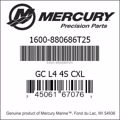 Bar codes for Mercury Marine part number 1600-880686T25