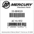 Bar codes for Mercury Marine part number 33-884019