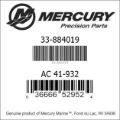 Bar codes for Mercury Marine part number 33-884019