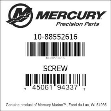 Mercury Marine part number 10-88552616 SCREW Bar codes for Mercury Marine part number 10-88552616