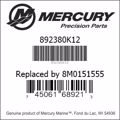 Bar codes for Mercury Marine part number 892380K12