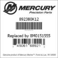 Bar codes for Mercury Marine part number 892380K12