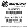 Bar codes for Mercury Marine part number 84-892453A01