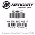 Bar codes for Mercury Marine part number 892486K07