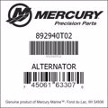 Bar codes for Mercury Marine part number 892940T02