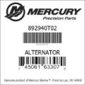 Bar codes for Mercury Marine part number 892940T02