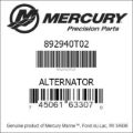 Bar codes for Mercury Marine part number 892940T02