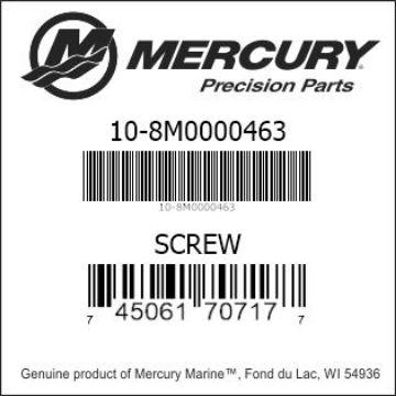 Mercury Marine part number 10-8M0000463 SCREW Bar codes for Mercury Marine part number 10-8M0000463