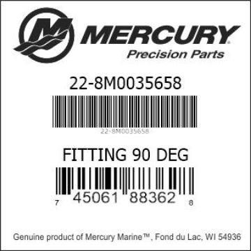 Mercury Marine part number 22-8M0035658 FITTING 90 DEG Bar codes for Mercury Marine part number 22-8M0035658