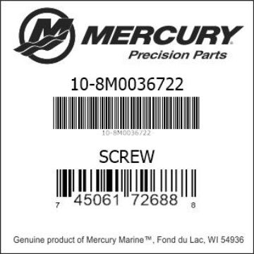 Mercury Marine part number 10-8M0036722 SCREW Bar codes for Mercury Marine part number 10-8M0036722