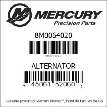 Mercury Marine part number 8M0064020 ALTERNATOR Bar codes for Mercury Marine part number 8M0064020