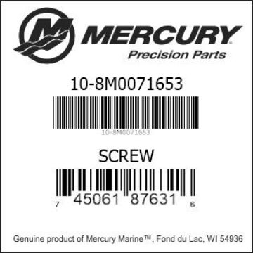 Mercury Marine part number 10-8M0071653 SCREW Bar codes for Mercury Marine part number 10-8M0071653