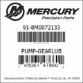 Bar codes for Mercury Marine part number 91-8M0072133