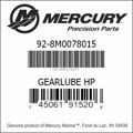 Bar codes for Mercury Marine part number 92-8M0078015