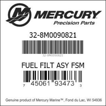 Mercury Marine part number 32-8M0090821 FUEL FILT ASY FSM Bar codes for Mercury Marine part number 32-8M0090821