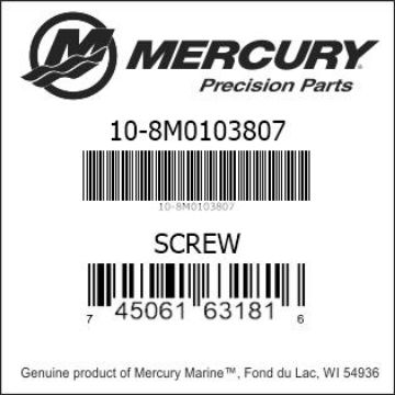 Mercury Marine part number 10-8M0103807 SCREW Bar codes for Mercury Marine part number 10-8M0103807