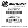 Bar codes for Mercury Marine part number 92-8M0110567