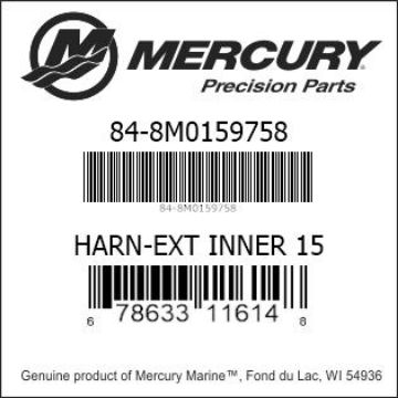 Mercury Marine part number 84-8M0159758 HARN-EXT INNER 15 Bar codes for Mercury Marine part number 84-8M0159758