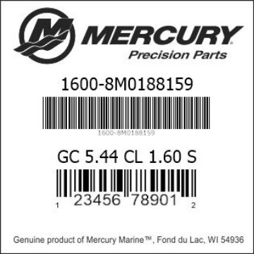 Mercury Marine part number 1600-8M0188159 GC 5.44 CL 1.60 S Bar codes for Mercury Marine part number 1600-8M0188159