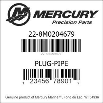 Mercury Marine part number 22-8M0204679 PLUG-PIPE Bar codes for Mercury Marine part number 22-8M0204679