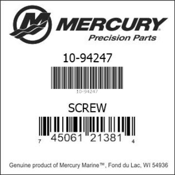 Mercury Marine part number 10-94247 SCREW Bar codes for Mercury Marine part number 10-94247