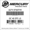 Bar codes for Mercury Marine part number 1674-9760T44